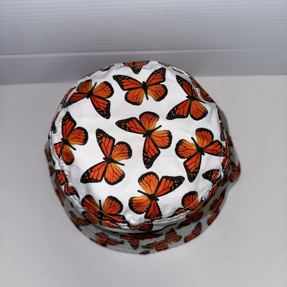 Petals and Peacocks Bucket Hat One Size White Orange Butterfly - Picture 3 of 10